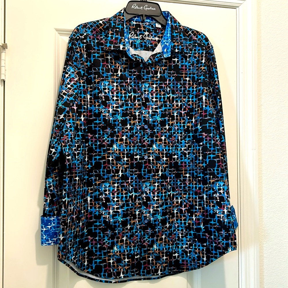 Robert Graham Button Shirt L Classic Fit Multicolor Polyester Abstract Egypt